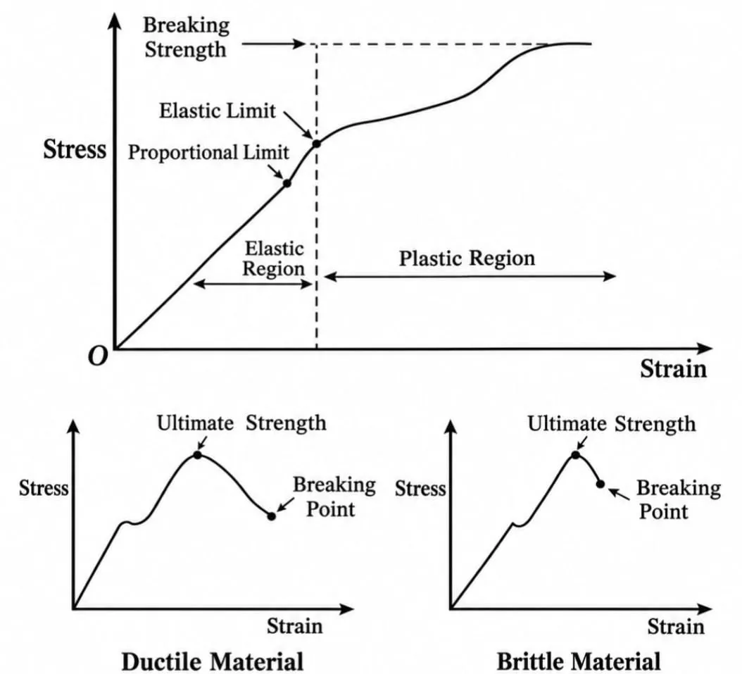 Stress–strain curve showing the proportional limit, elastic limit, elastic and plastic regions and breaking strength, with smaller curves for a ductile and a brittle material